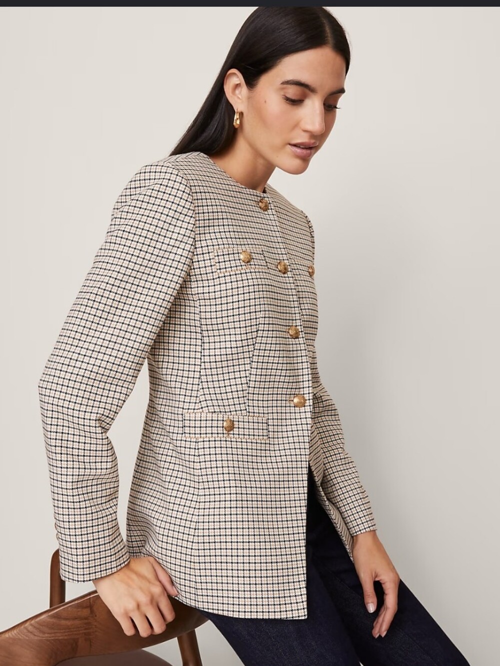 Ann Taylor Houndstooth Cream Split Hem Jacket Size 2P Petite - Picture 2 of 10
